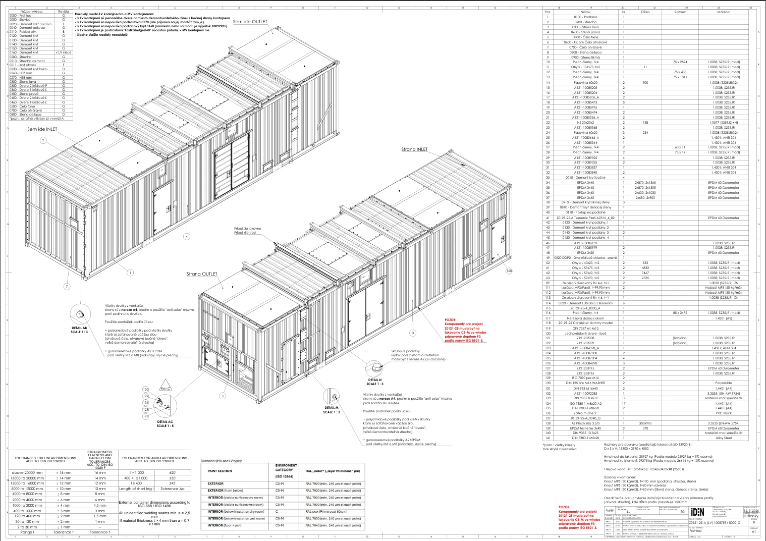 General arrangement drawing of a container enclosure with isometric views, details, bill of materials and ISO 13920 tolerance table