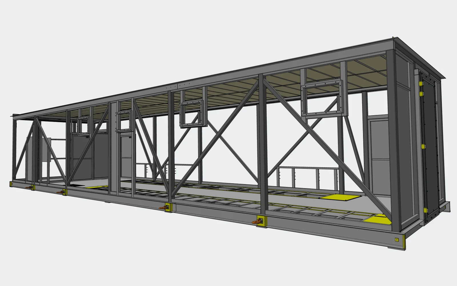 3D model of the braced steel frame of an oversized electrical substation enclosure